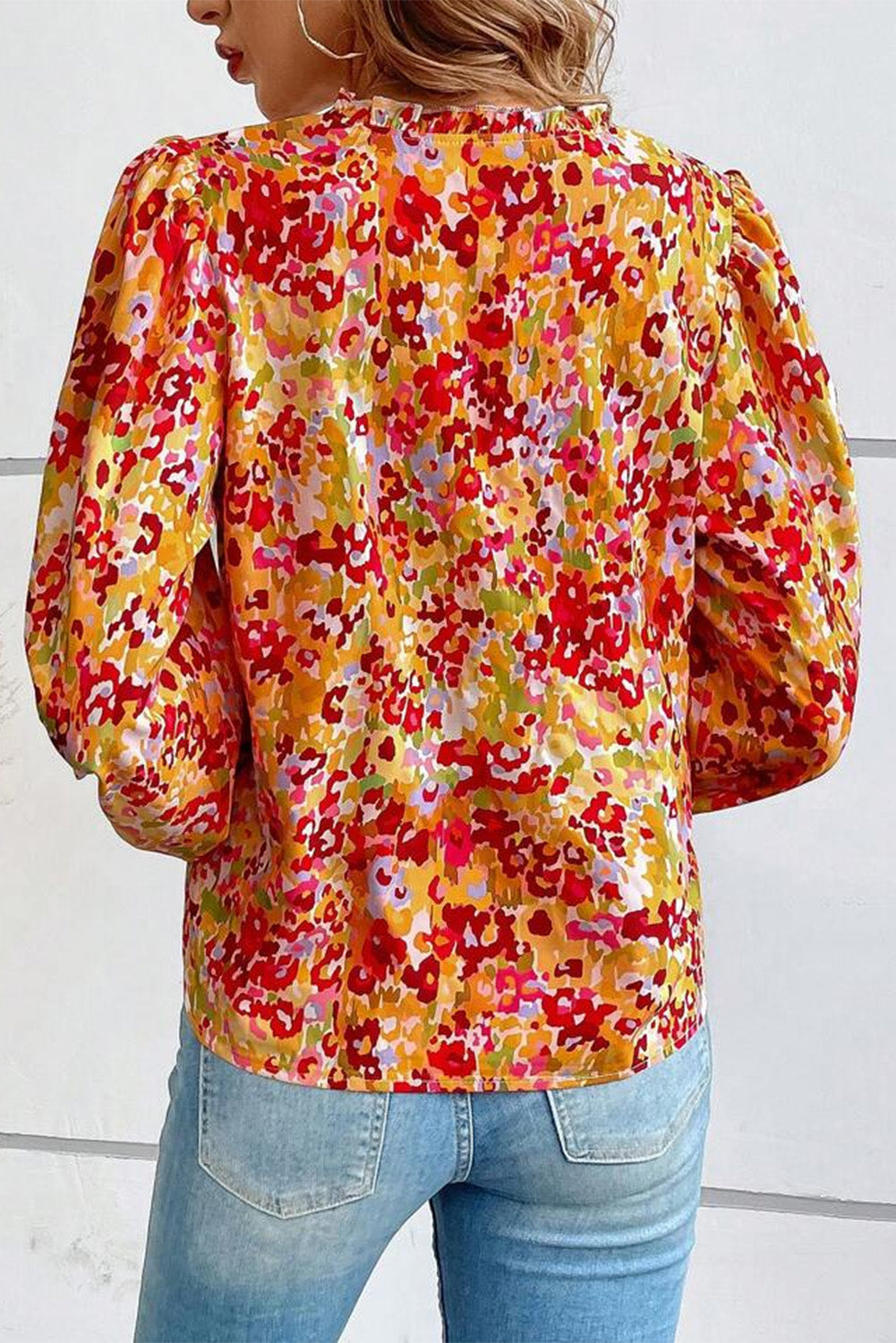 Frilled Split Neck Bubble Sleeve Floral Blouse