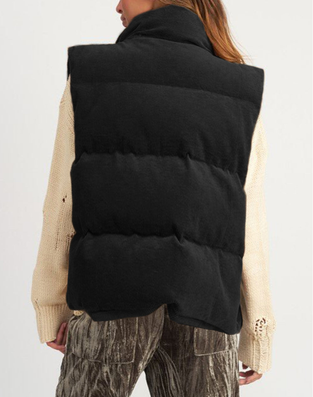 Corduroy Stand Neck Zipped Puffer Vest