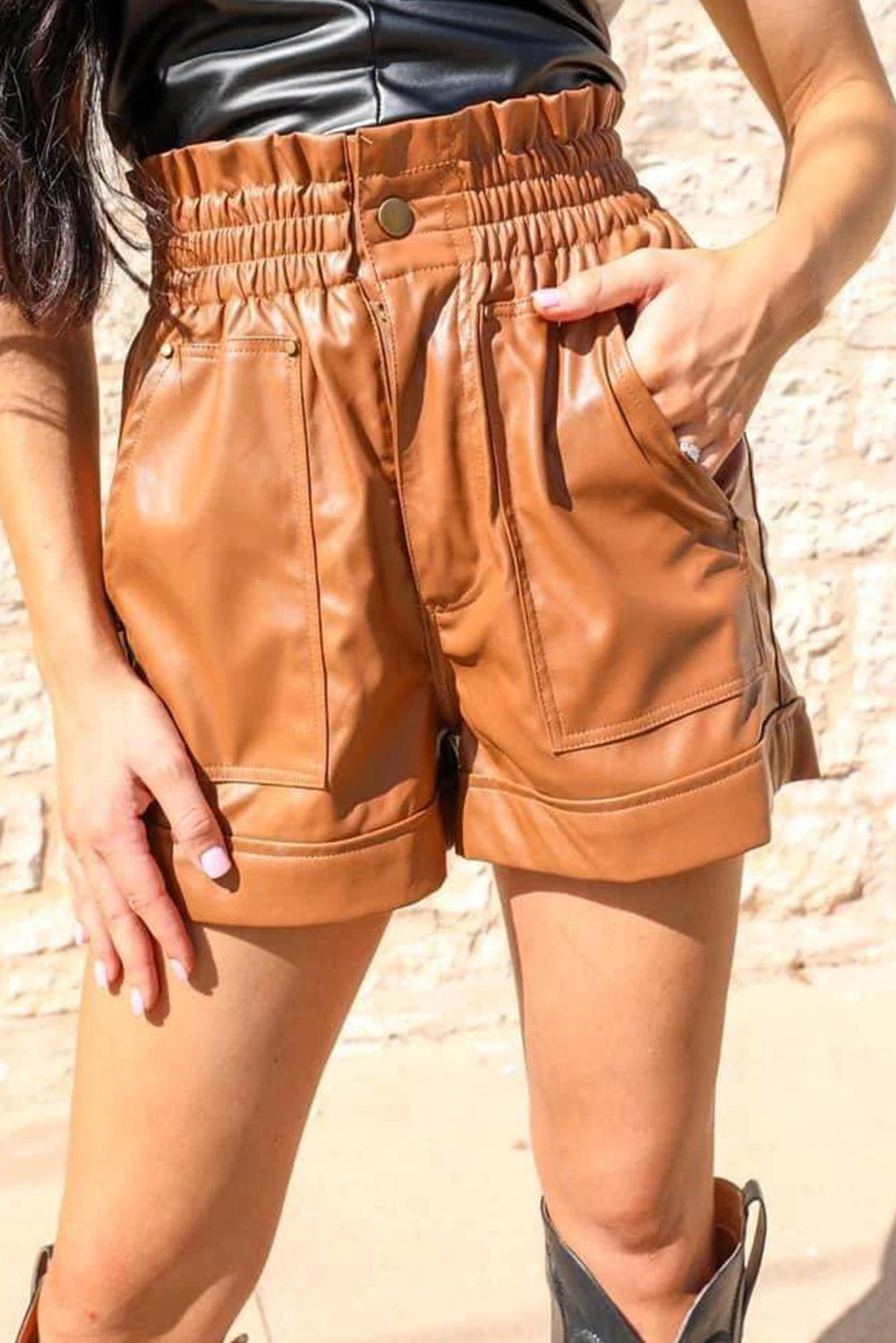 Patch Pockets Faux Leather High Rise Shorts