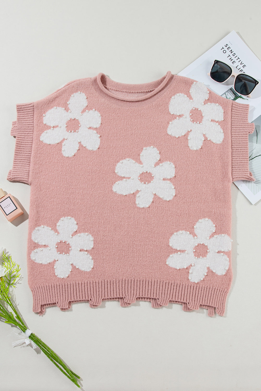 Pearled Flower Distressed Edge Sweater T Shirt