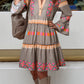 Ethnic Print Buttoned V Neck Bell Sleeve Ruffle Patchwork Dress