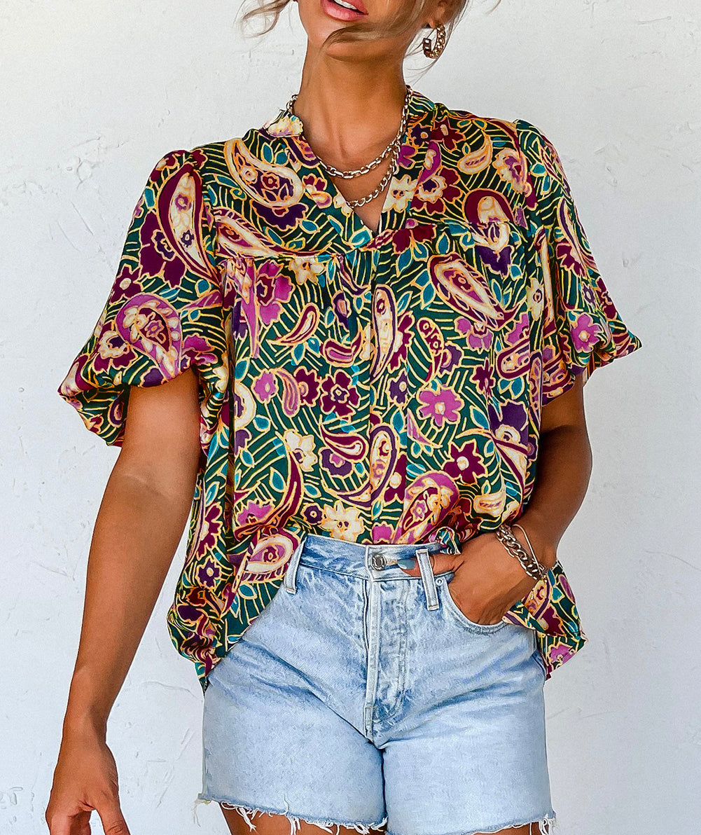 V Neck Short Bubble Sleeve Paisley Blouse