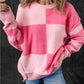Checkered Colorblock Striped High Low Loose Sweater
