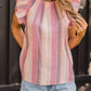 Pink Striped Print Crew Neck Ruffle Blouse