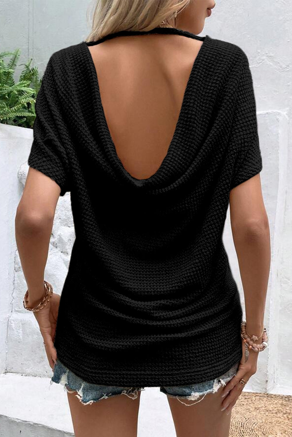 Draped Open Back Textured Tee