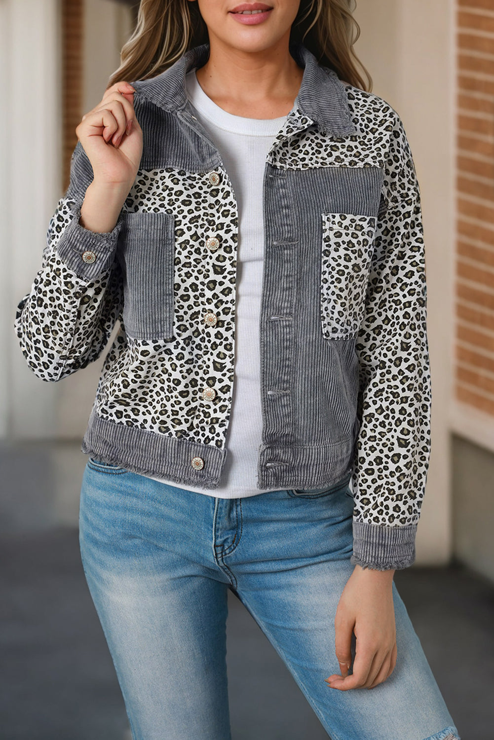 Leopard Patchwork Corduroy Ripped Hem Button up Jacket