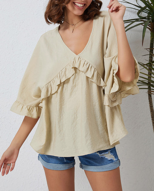 V Neck Draped Batwing Sleeve Ruffle Top