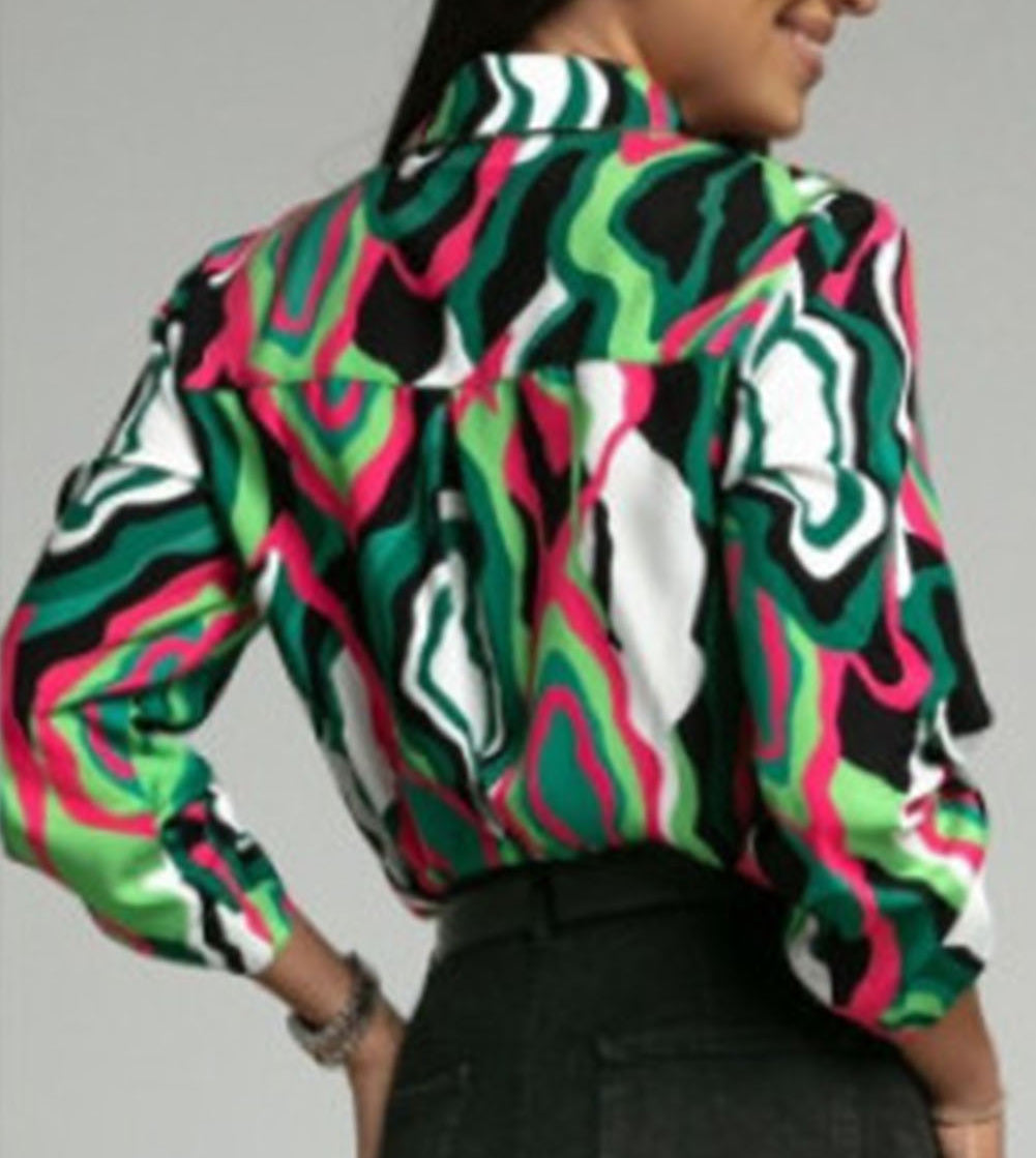 Abstract Print Roll-tab Sleeve Chest Pocket Shirt