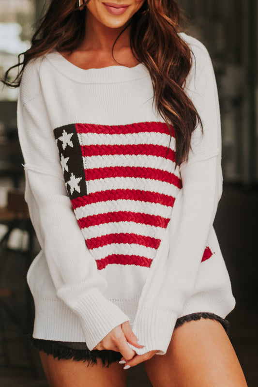 American Flag Cable Knit Drop Shoulder Sweater