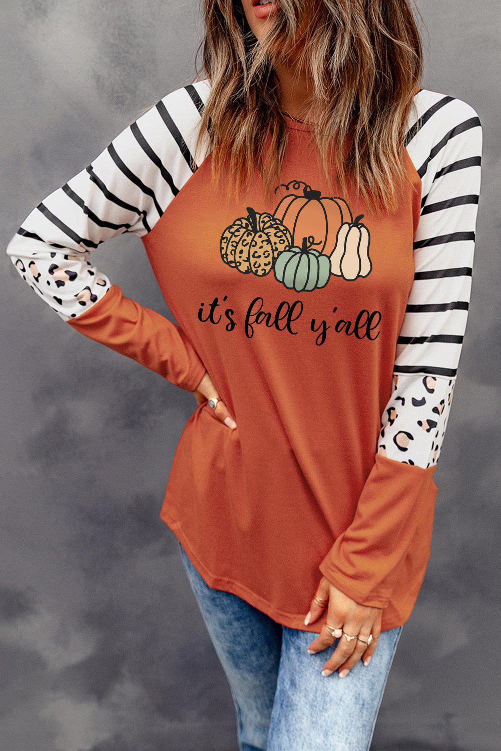 Pumpkin Leopard Striped Colorblock Long Sleeve T Shirt