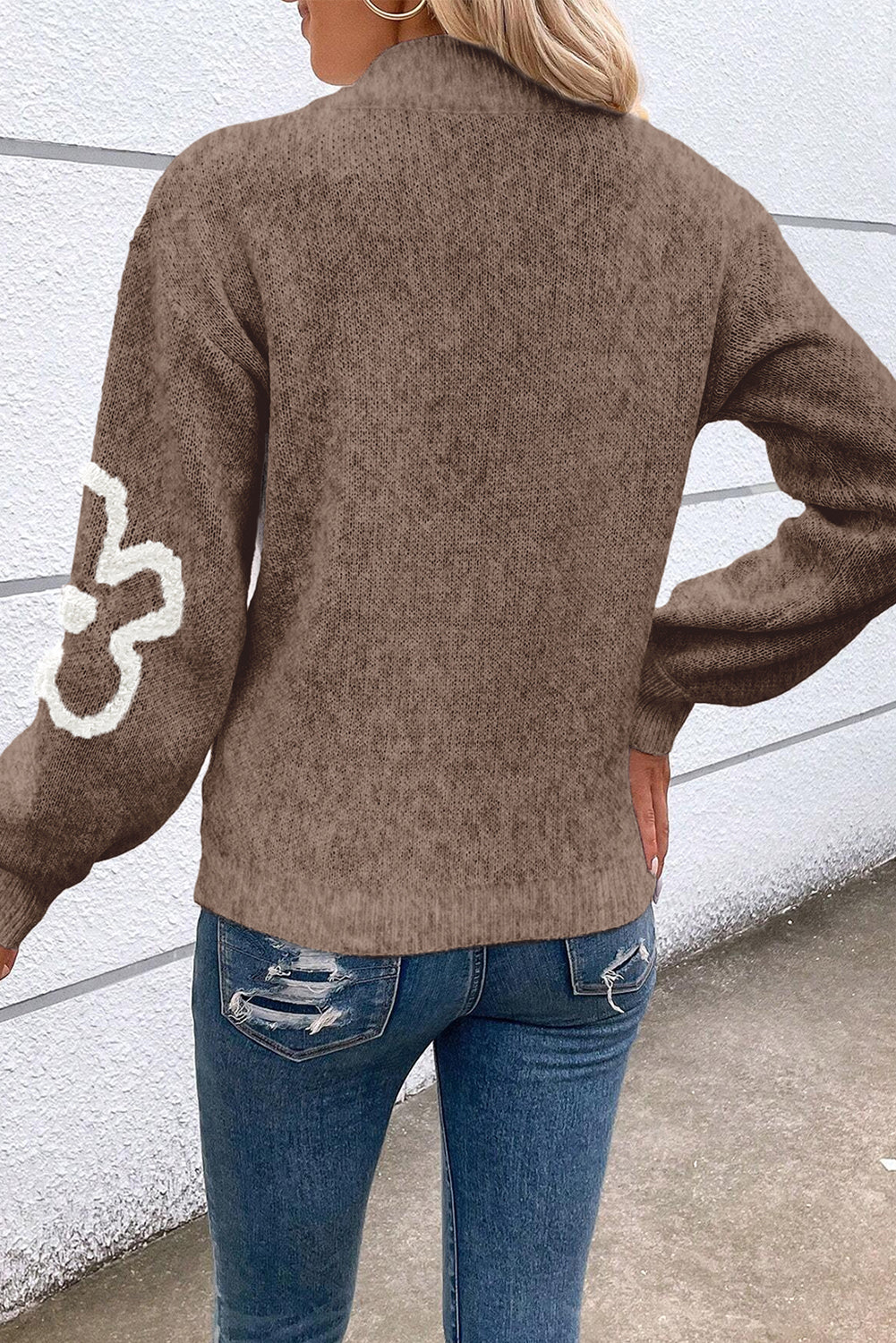 Contrast Flower Half Zipper Stand Neck Sweater