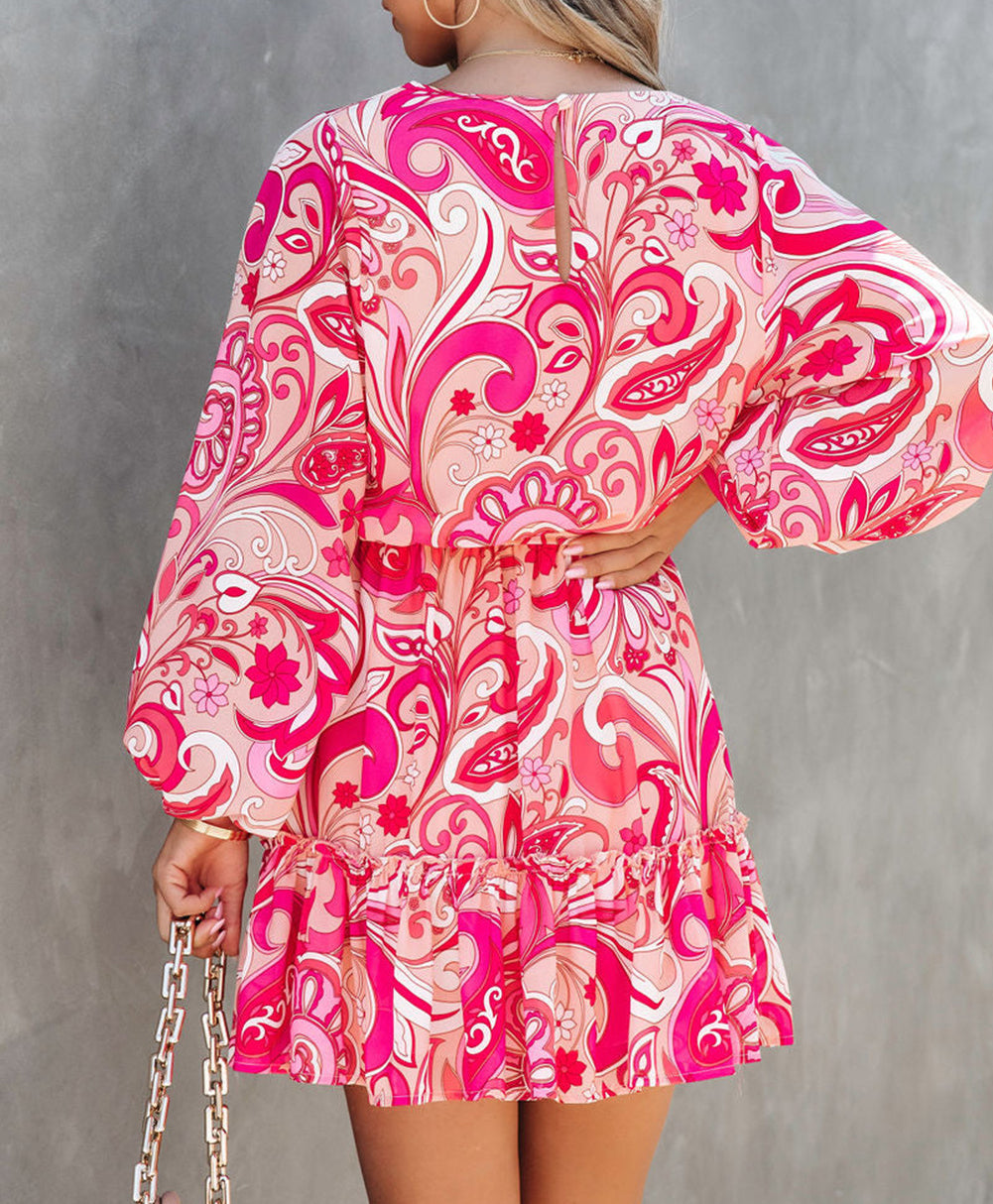 Paisley Printed Button Keyhole Back Belted Mini Dress