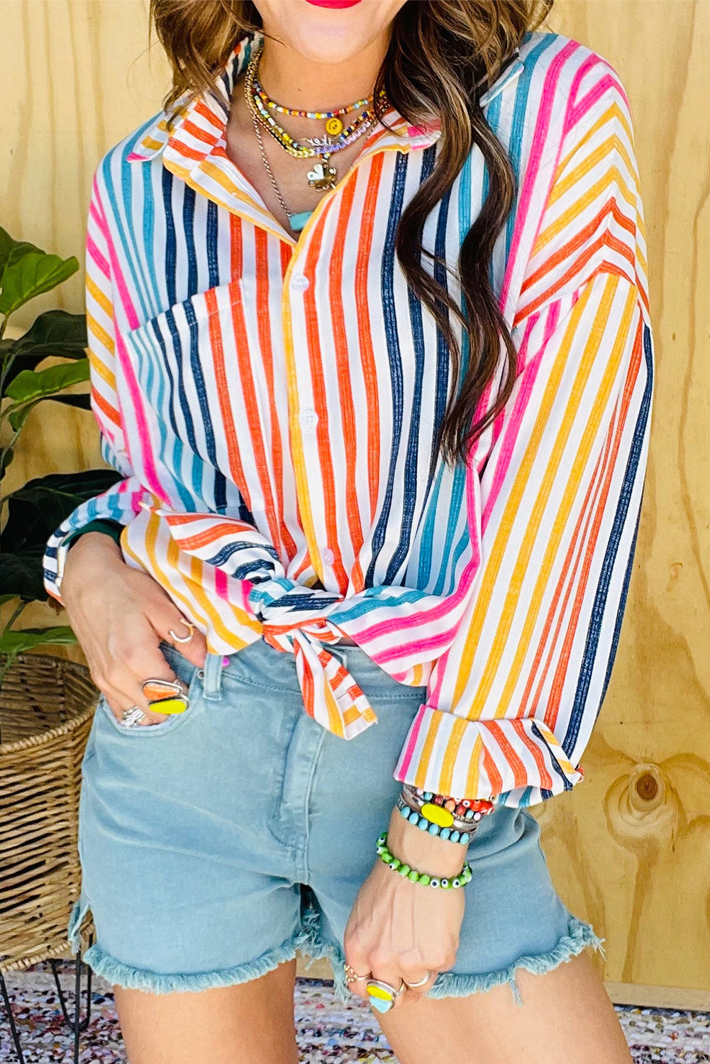 Stripe Multicolor Drop Shoulder Loose Shirt