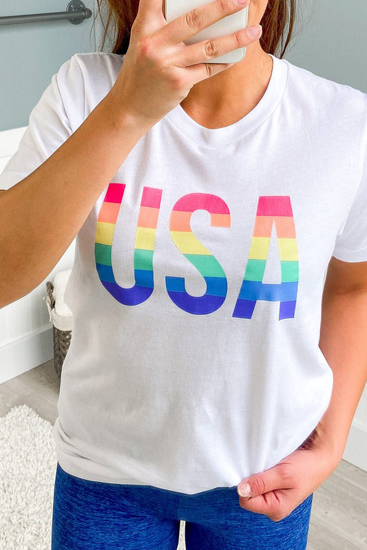 Colorful USA Print Crewneck Casual T Shirt