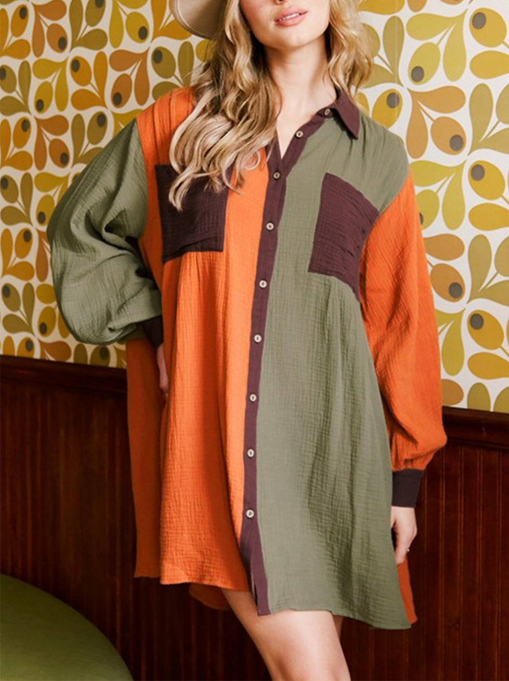 Oversized Colorblock Crinkle Textured Shirt Dress