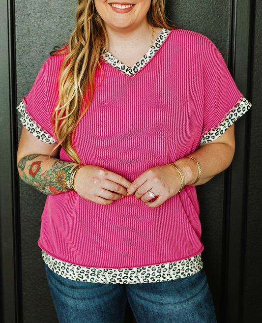 Leopard Trim V Neck Short Sleeve Plus Size Corded Top