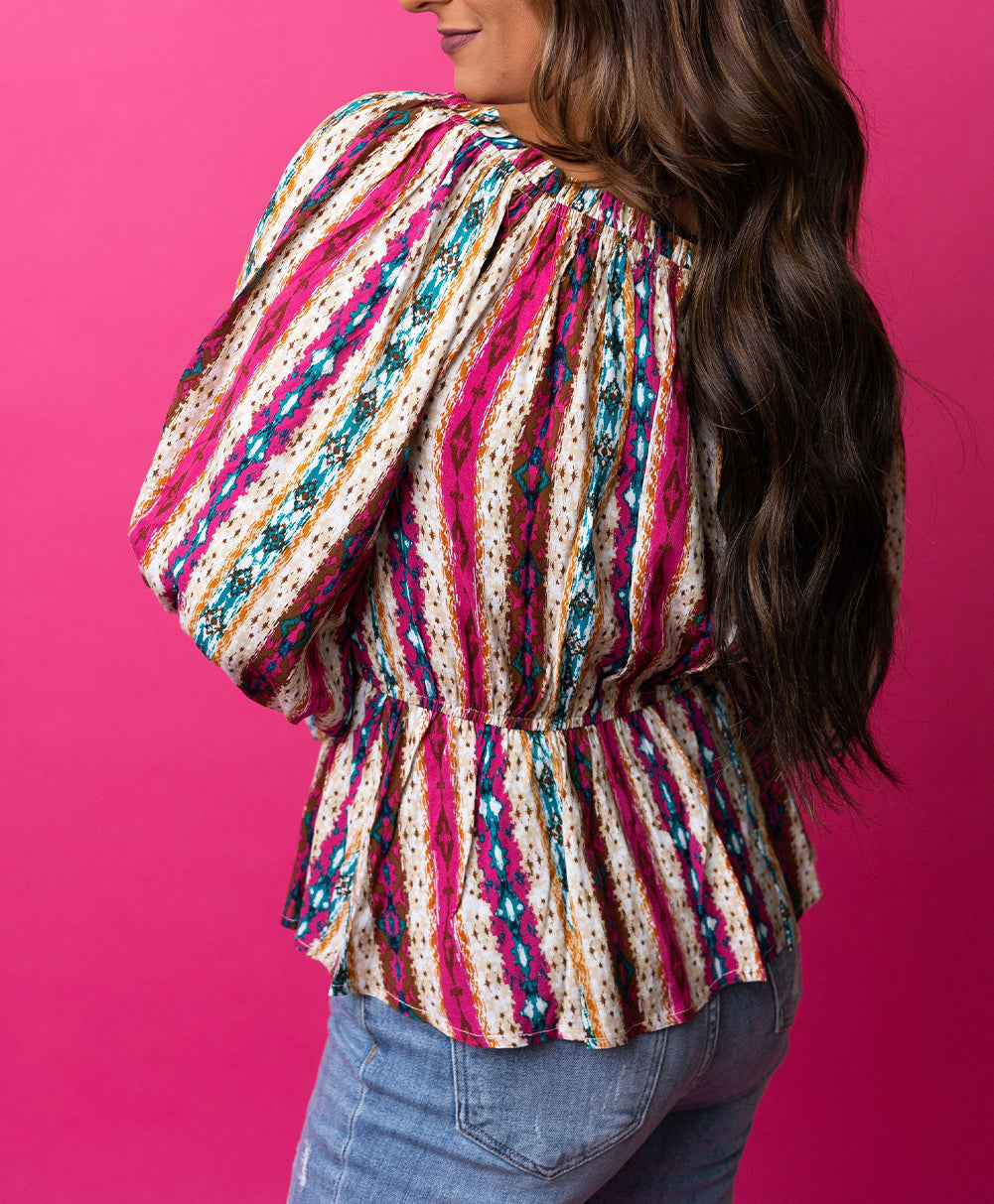 Western Aztec Split Neck Peplum Blouse