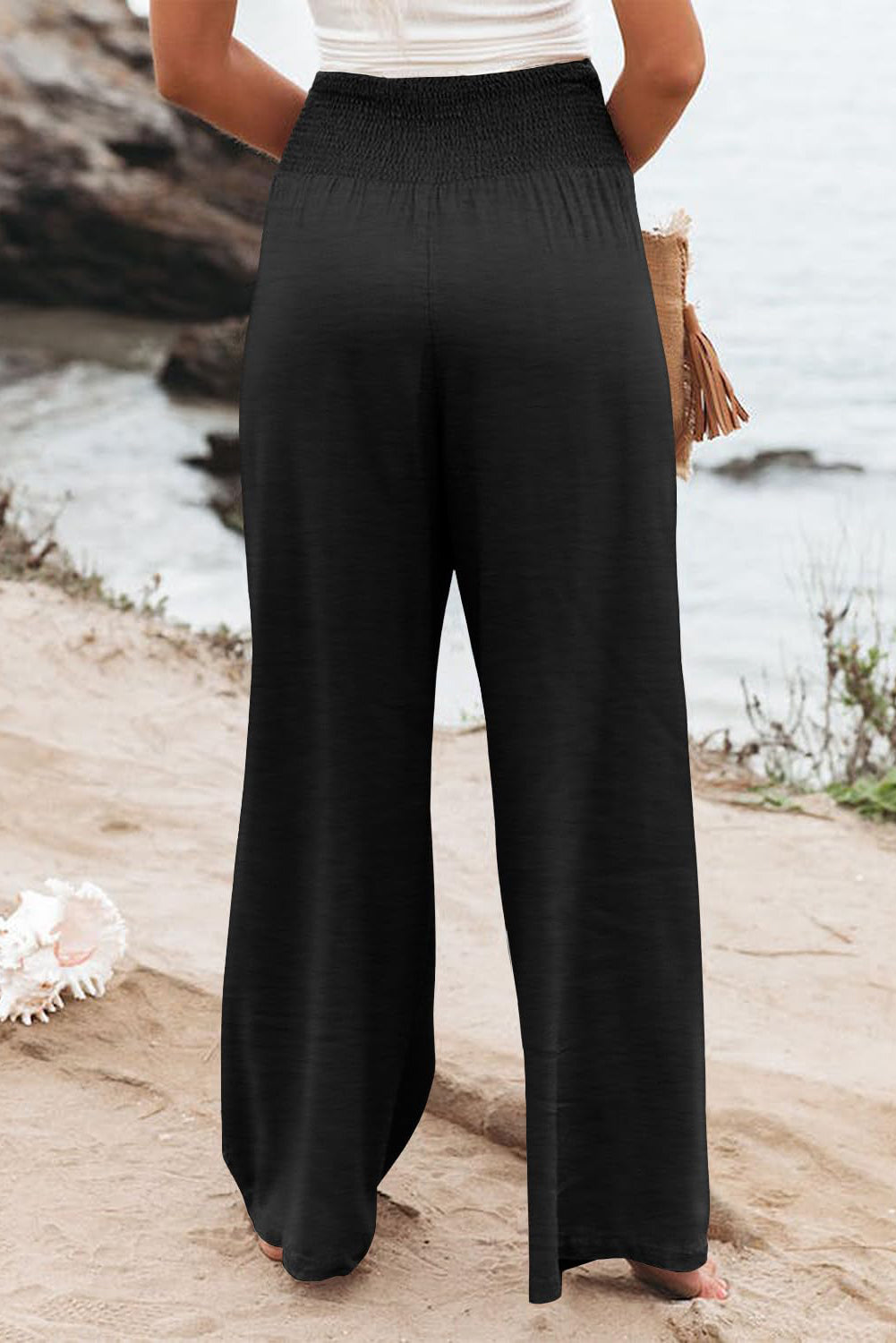 Shirred High Waist Plus Size Wide Leg Pants