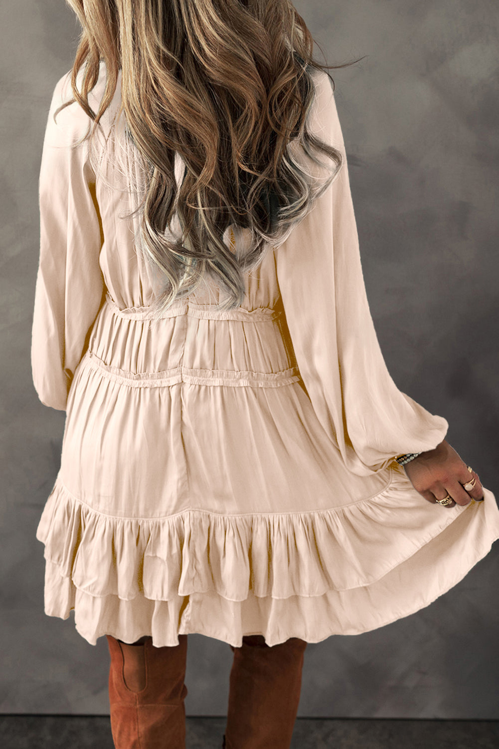 Tiered Ruffled Puff Sleeve Loose Fit Mini Dress