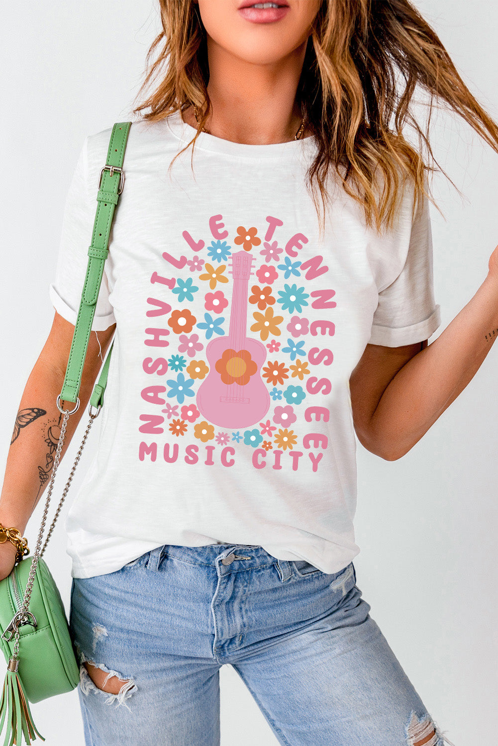 Floral Guitar NASHVILLE Slogan Graphic T Shirt