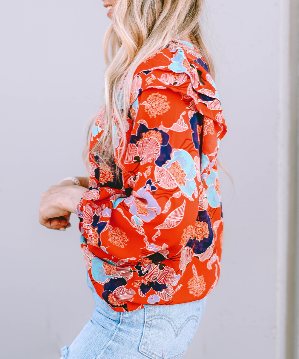 Floral Print Ruffle Puff Sleeve Blouse