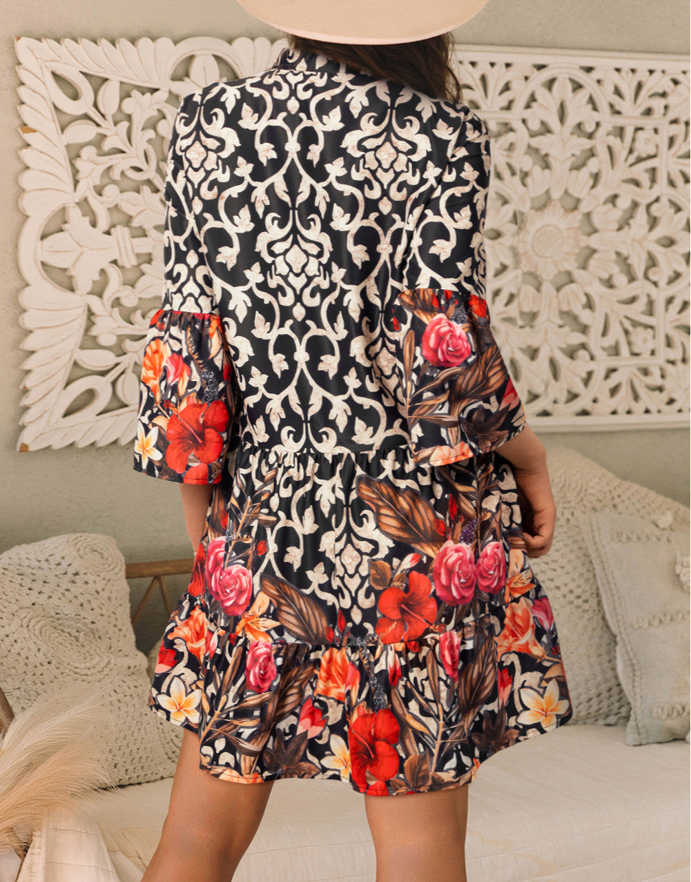 Retro Floral Mixed Print Split Neck A-line Dress