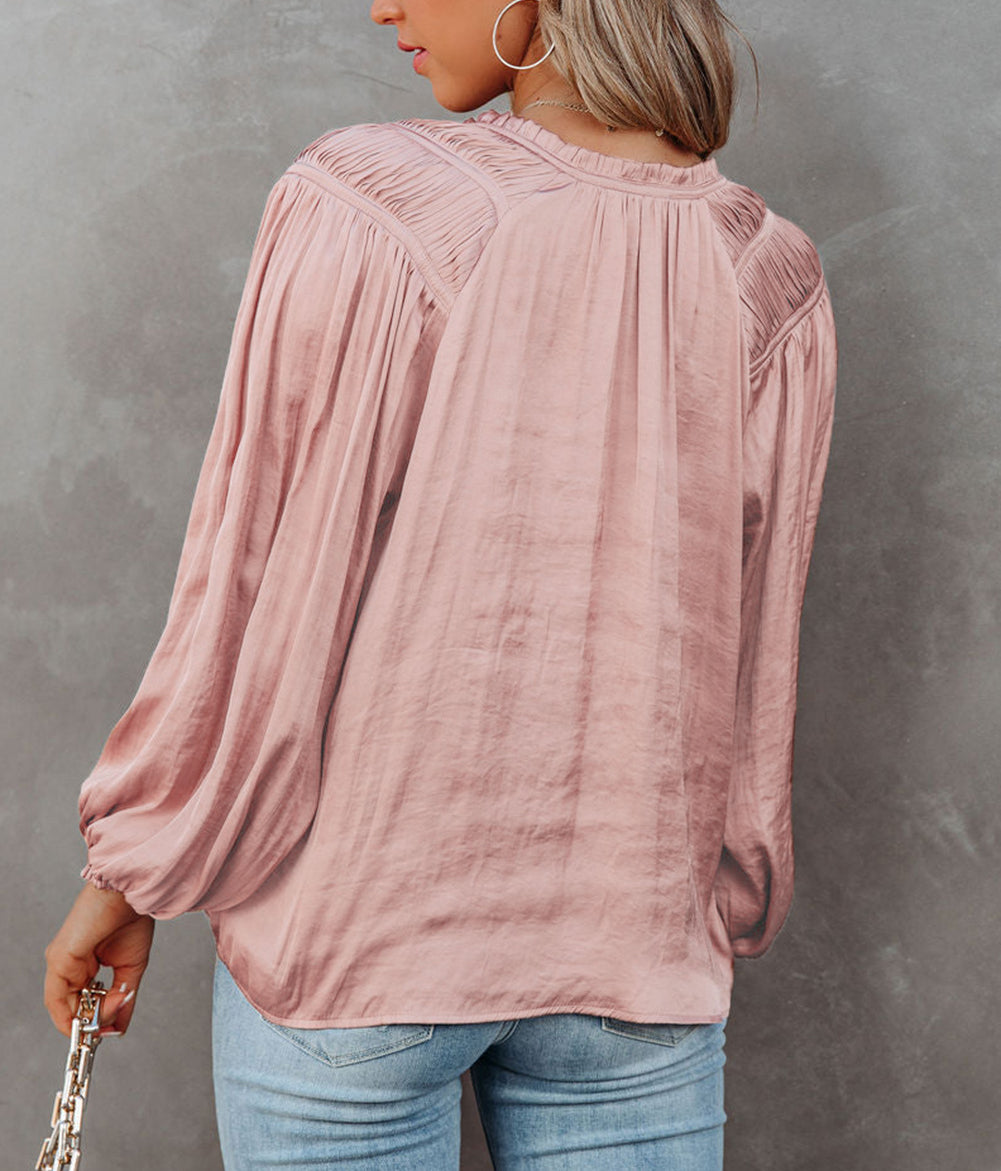 Pleated Balloon Sleeve Drawstring V-Neck Blouse