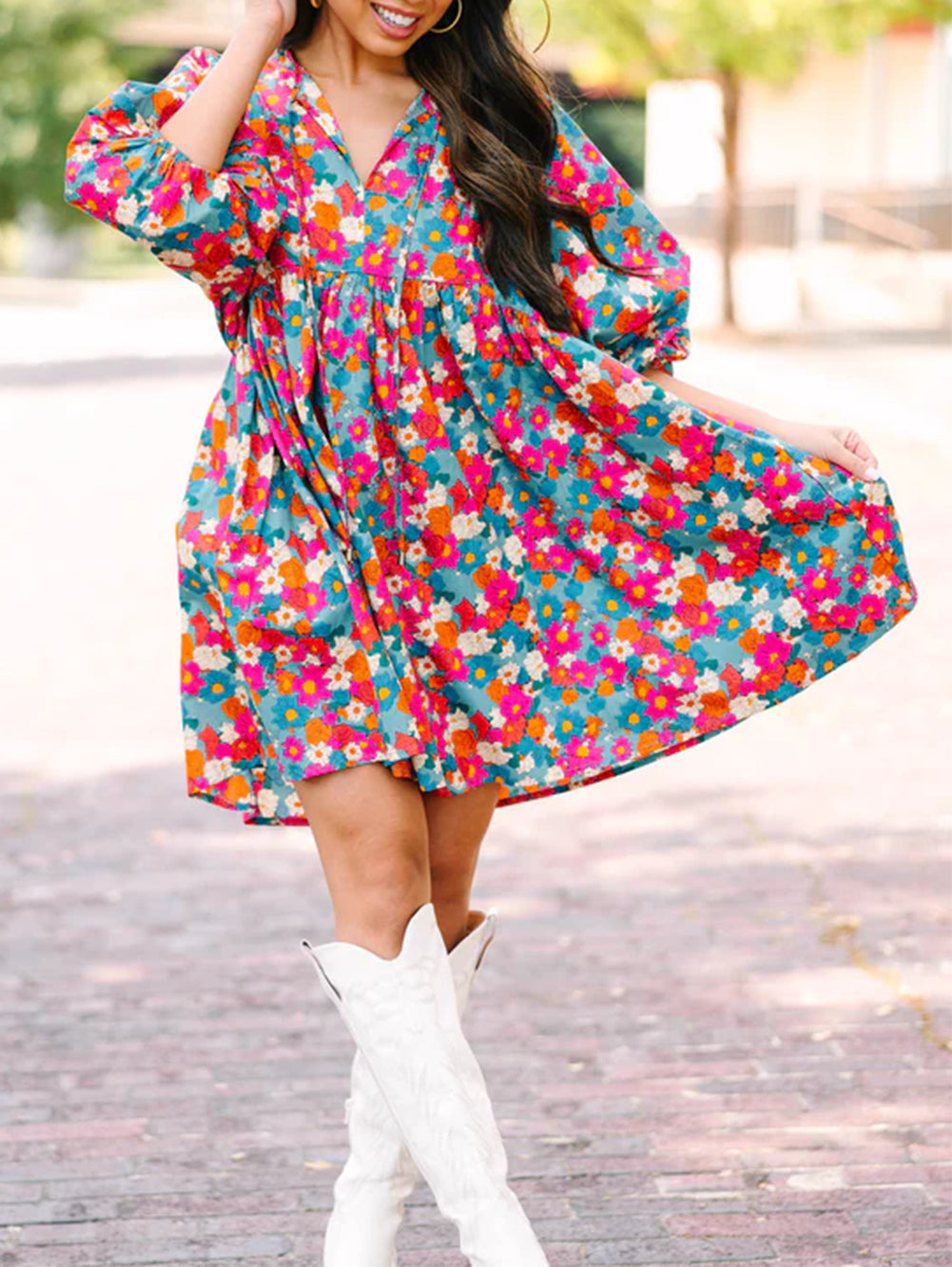 Floral Print Tie Split Neck Bubble Sleeve Babydoll Dress