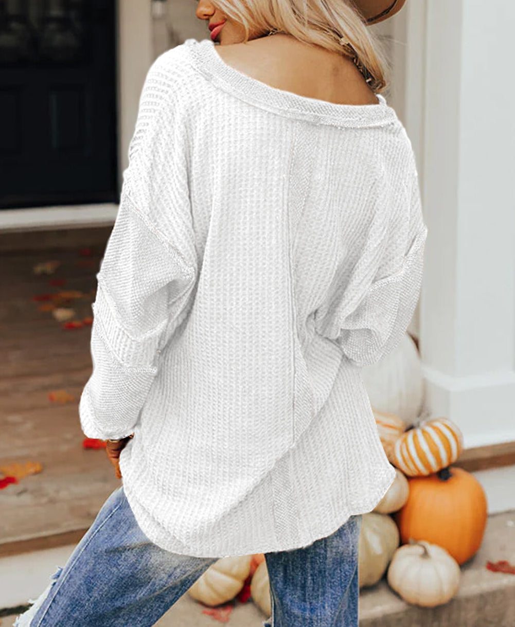 Contrast Patched Exposed Seam Waffle Knit Henley Top