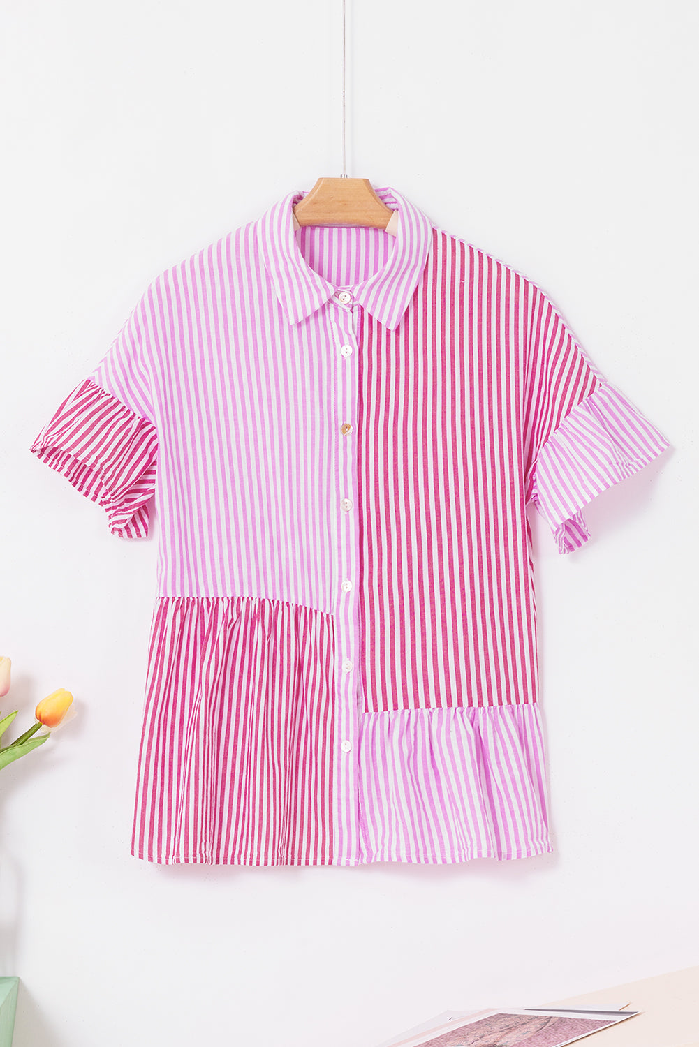 Stripe Striped Patchwork Ruffled Hem Button up Shirt