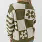 Checkered Floral Print Striped Sleeve Sweater
