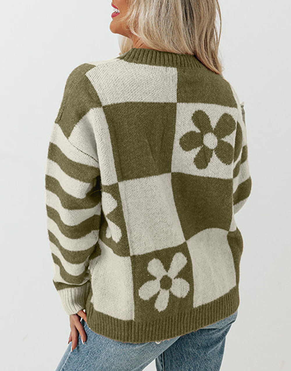 Checkered Floral Print Striped Sleeve Sweater