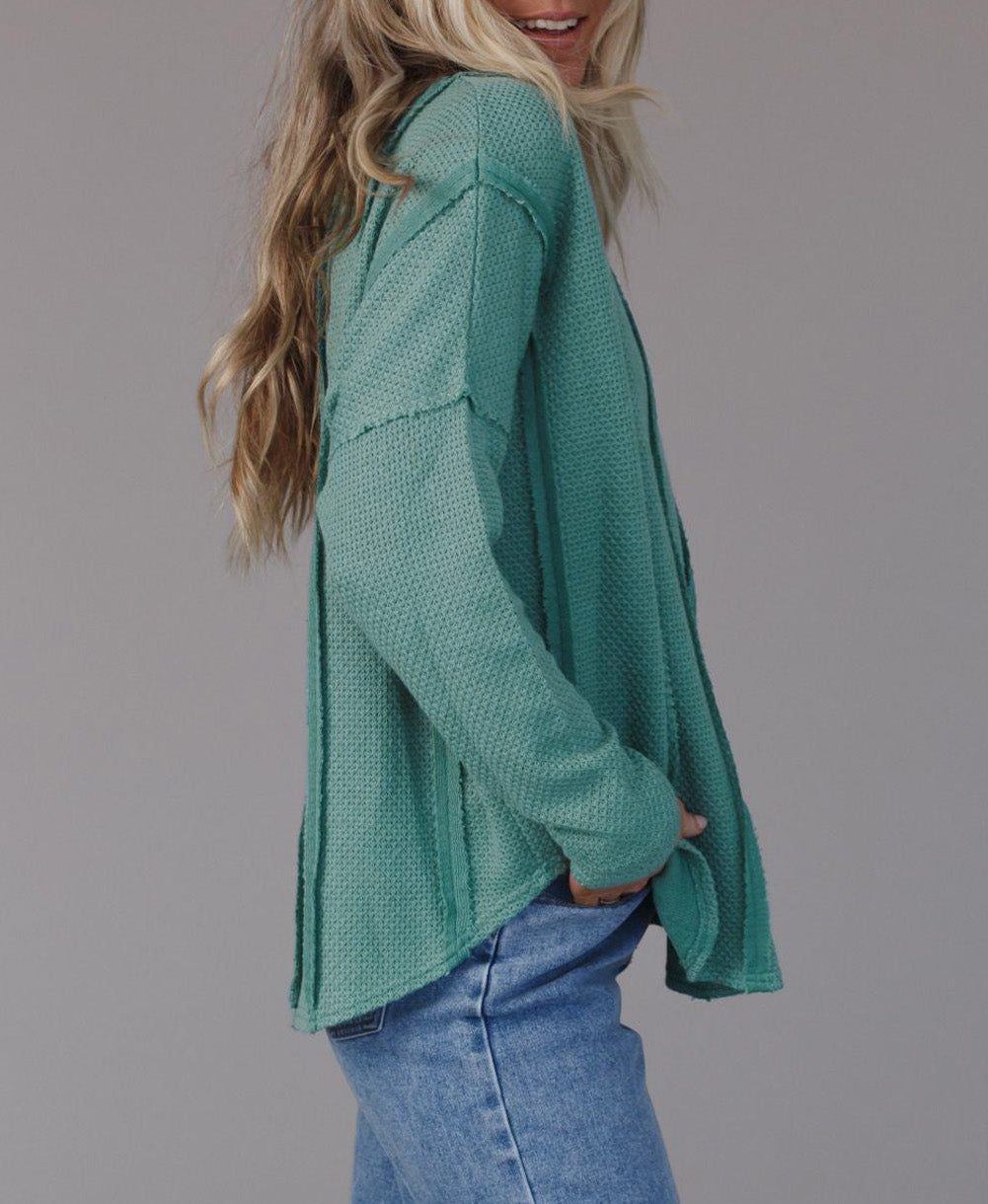 Green Seamed Stitching Waffle Knit Top