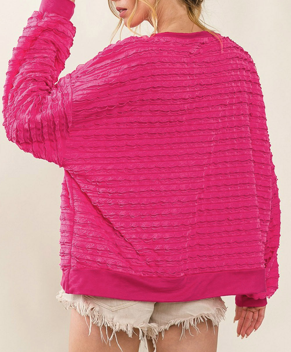 Loose Round Neck Drop Shoulder Textured Top