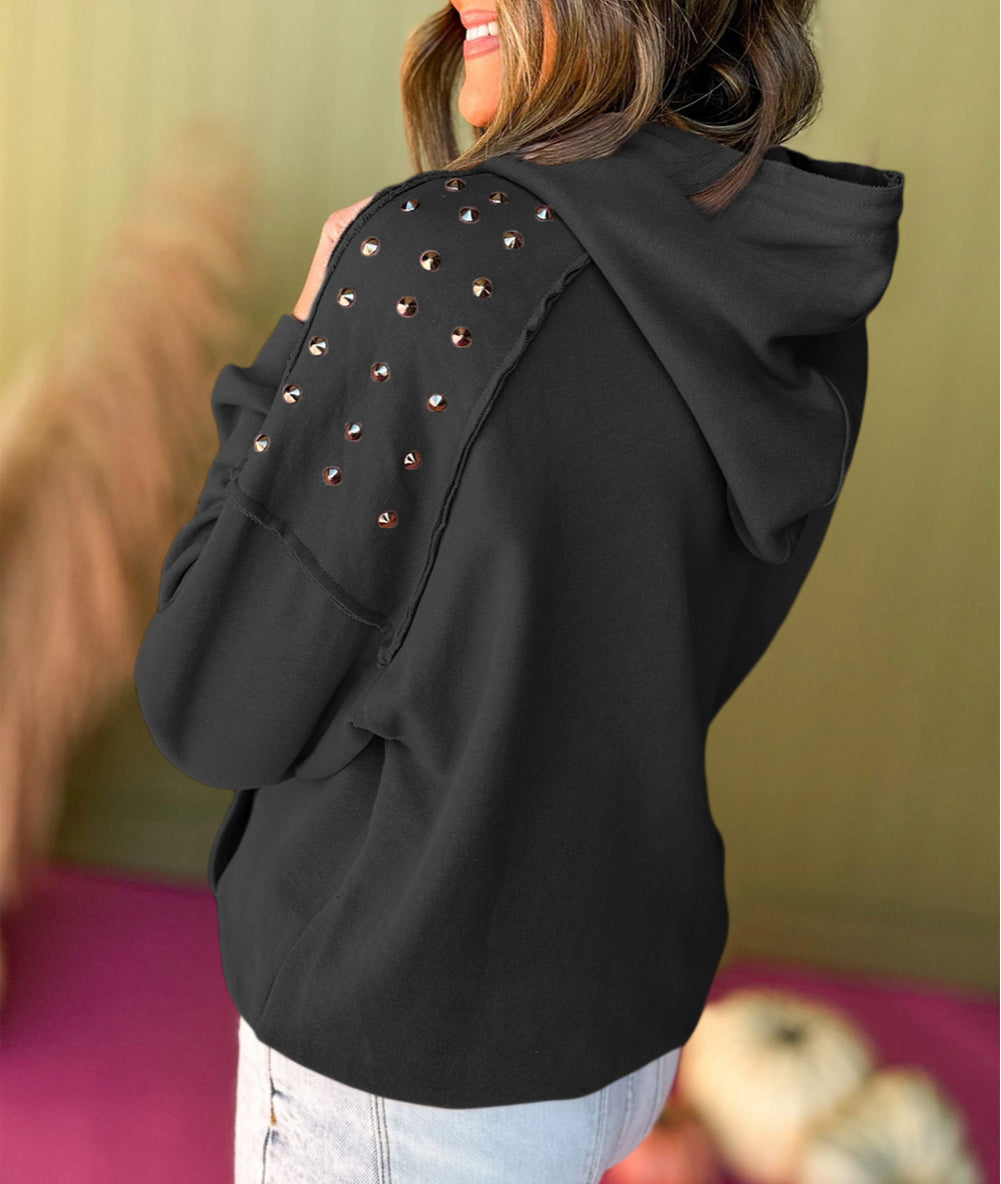 Solid Color Rivet Stud Raglan Sleeve Hoodie with Pocket