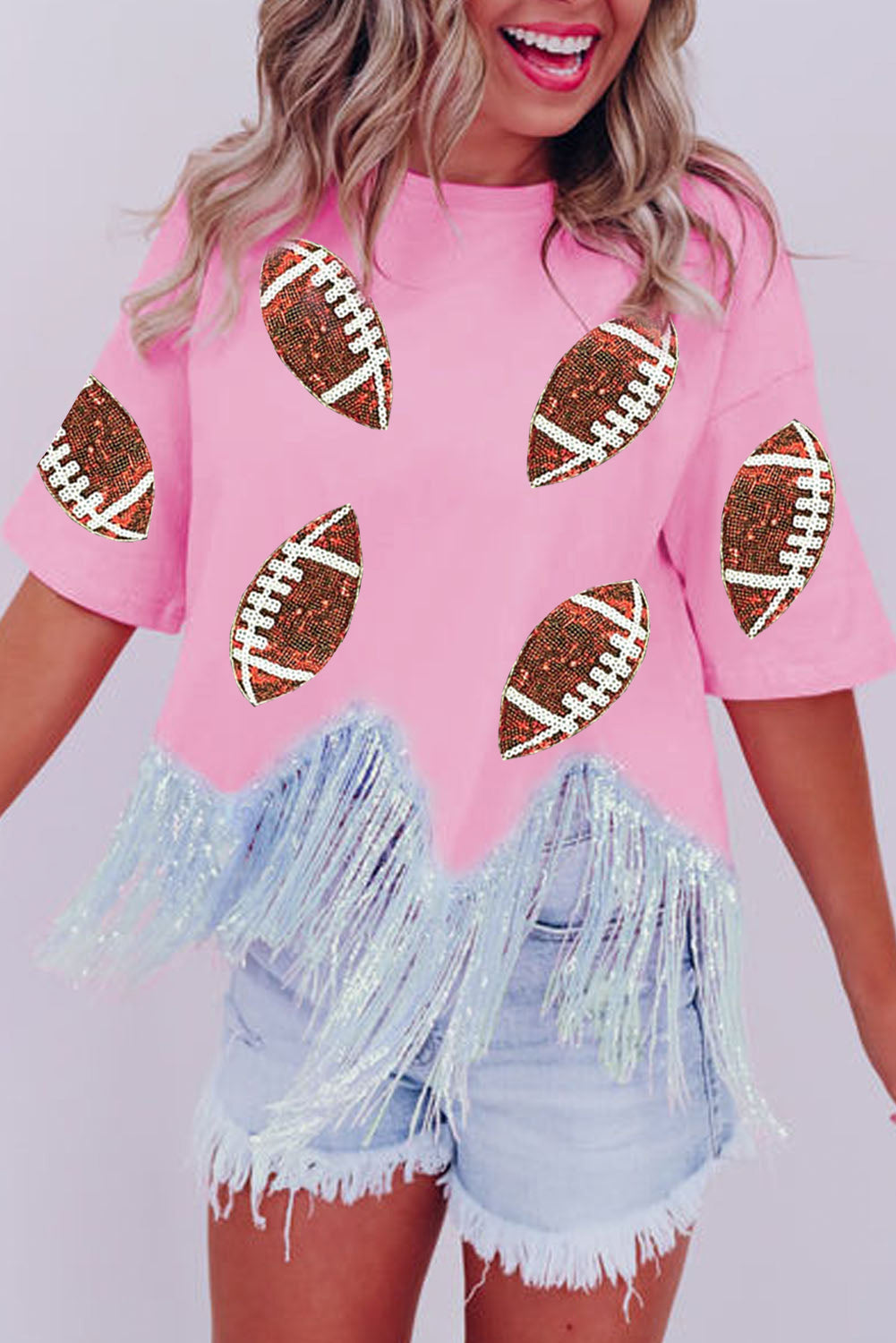Sequined Rugby Fringe Hem Cropped T Shirt