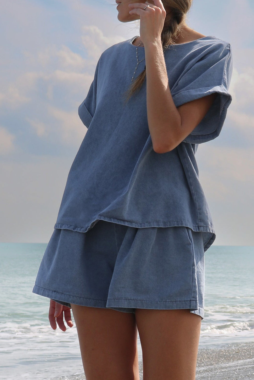 Denim Cuffed Sleeve Tee Elastic Shorts Set