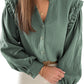 Green Frilled Split Neck Crinkled Shirt