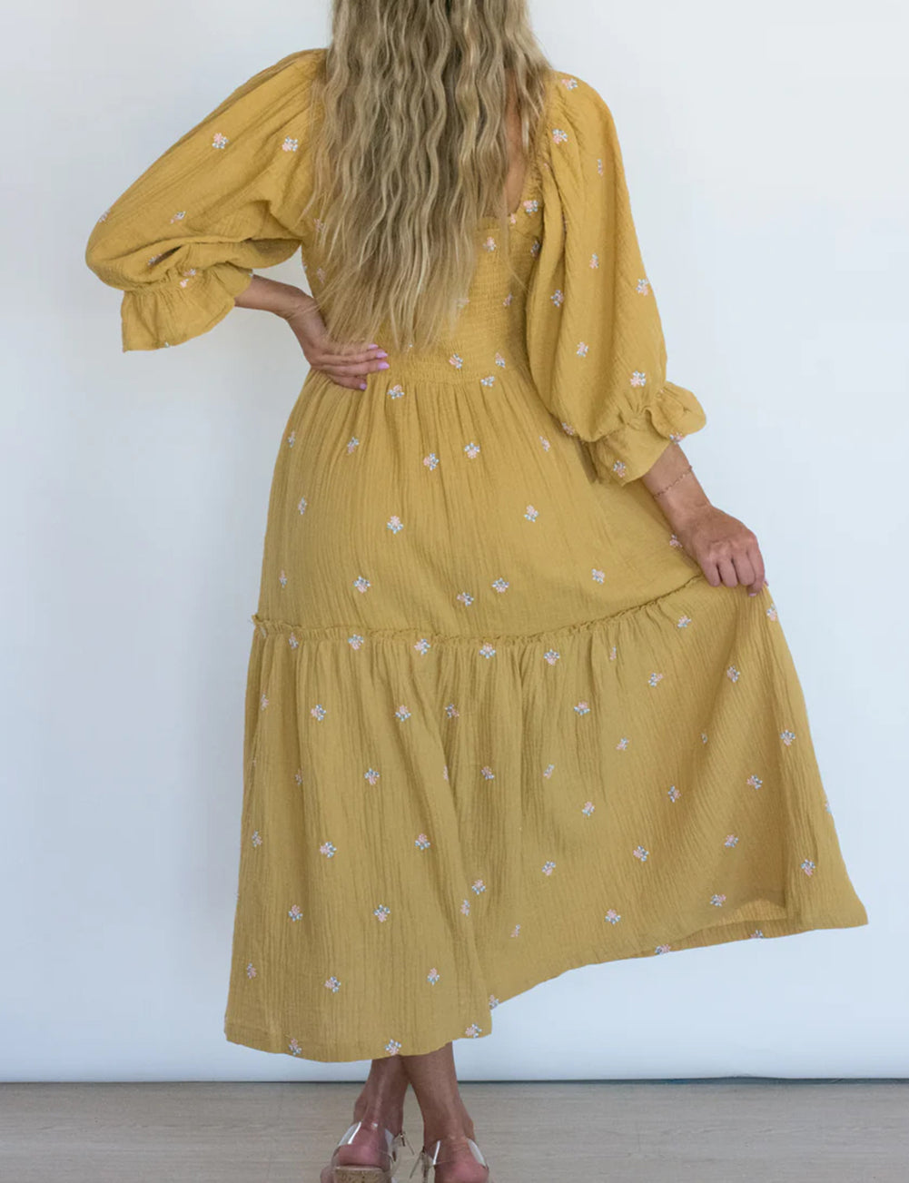 Printed Boho Ruffled Bracelet Sleeve Smocked Textured Midi Dress