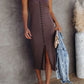 Brown Buttoned Ribbed Knit Sleeveless Midi Dress with Slit