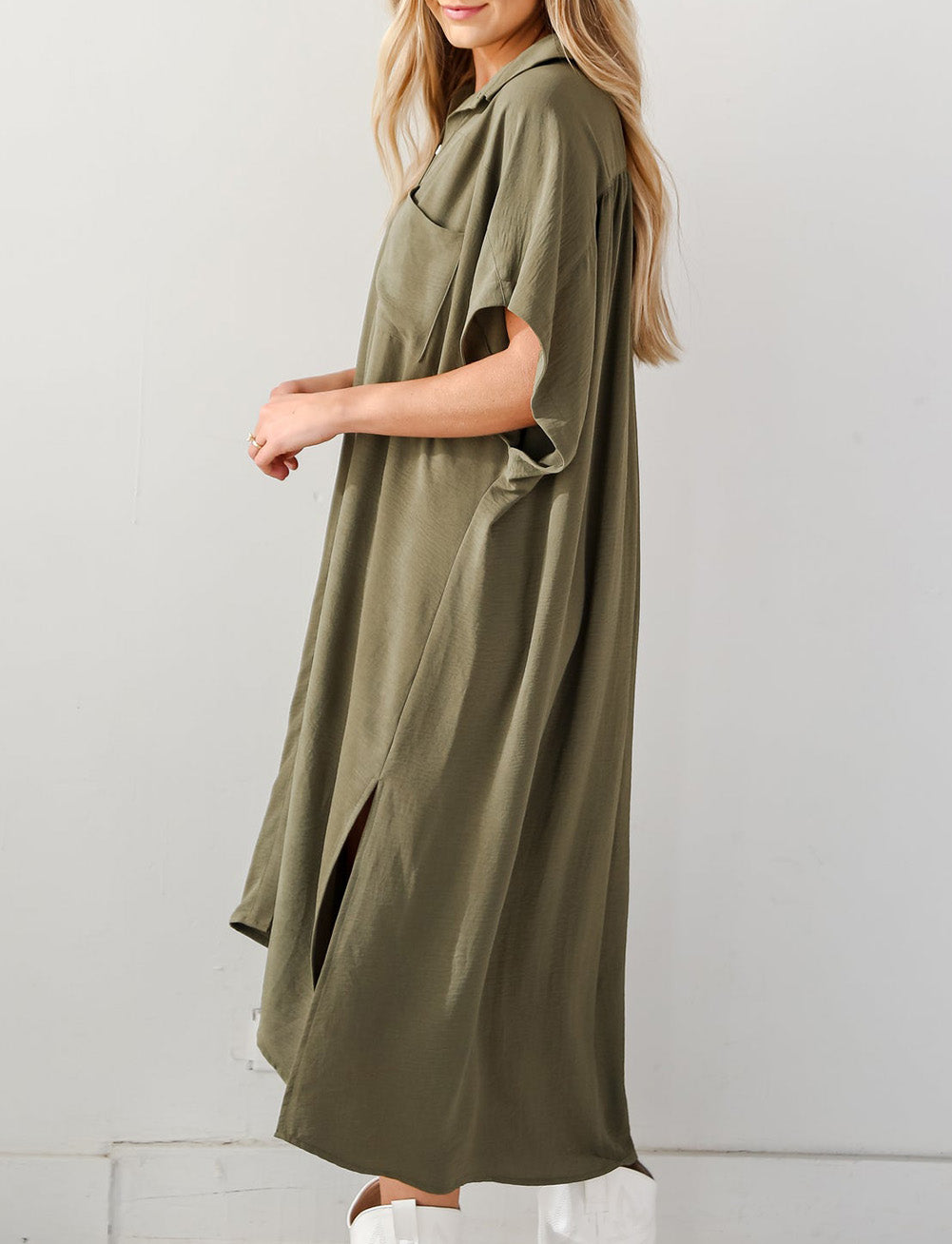 Loose High Low Side Slits Short Sleeve Shirt Dress