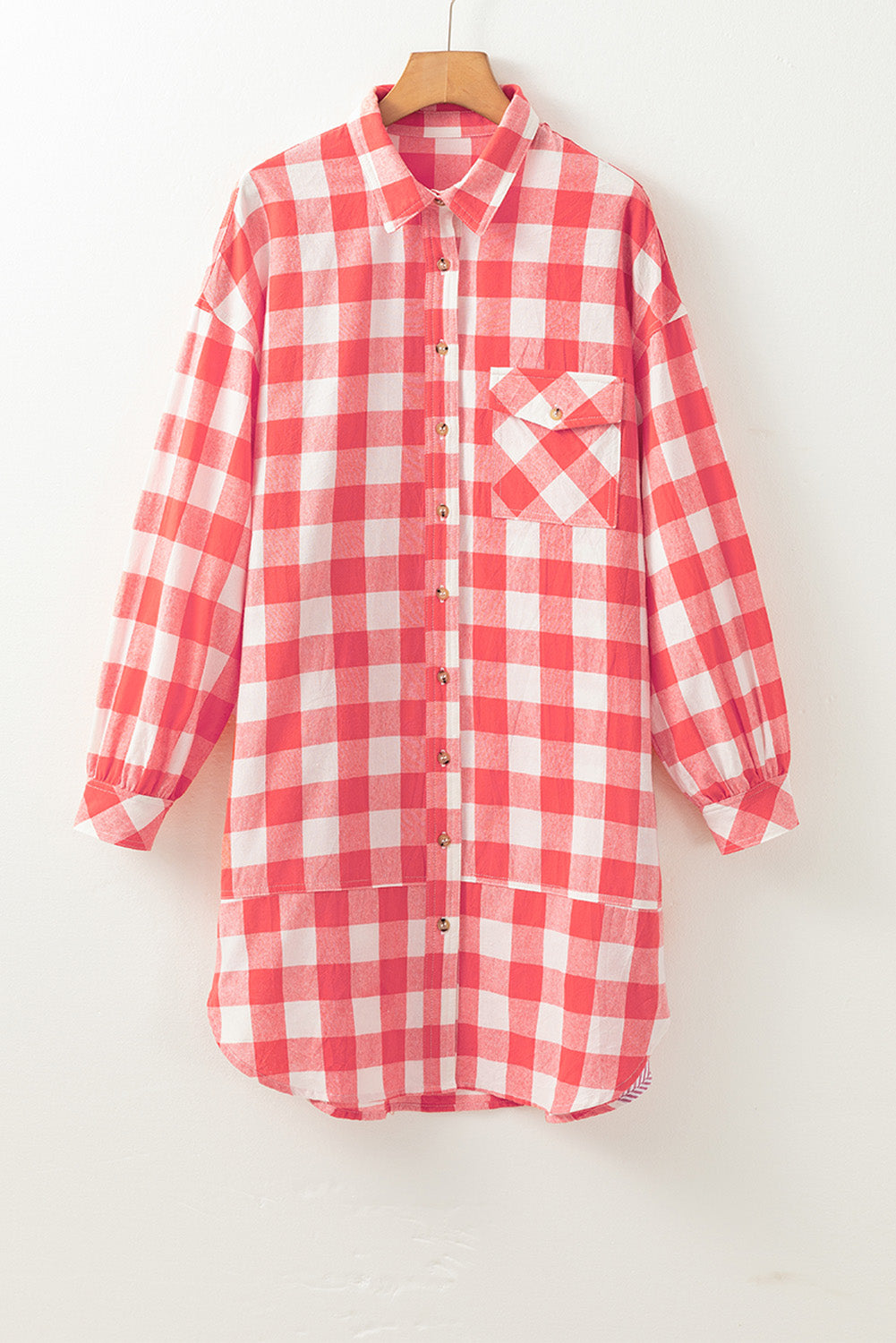 Oversized Plaid Puff Sleeve Round Hem Shirt Dress