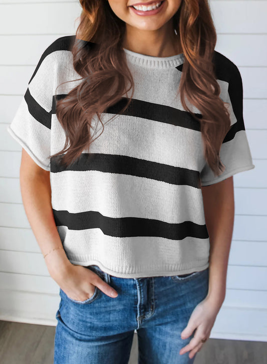 Stripe Dropped Short Sleeve Lightweight Knitted Top