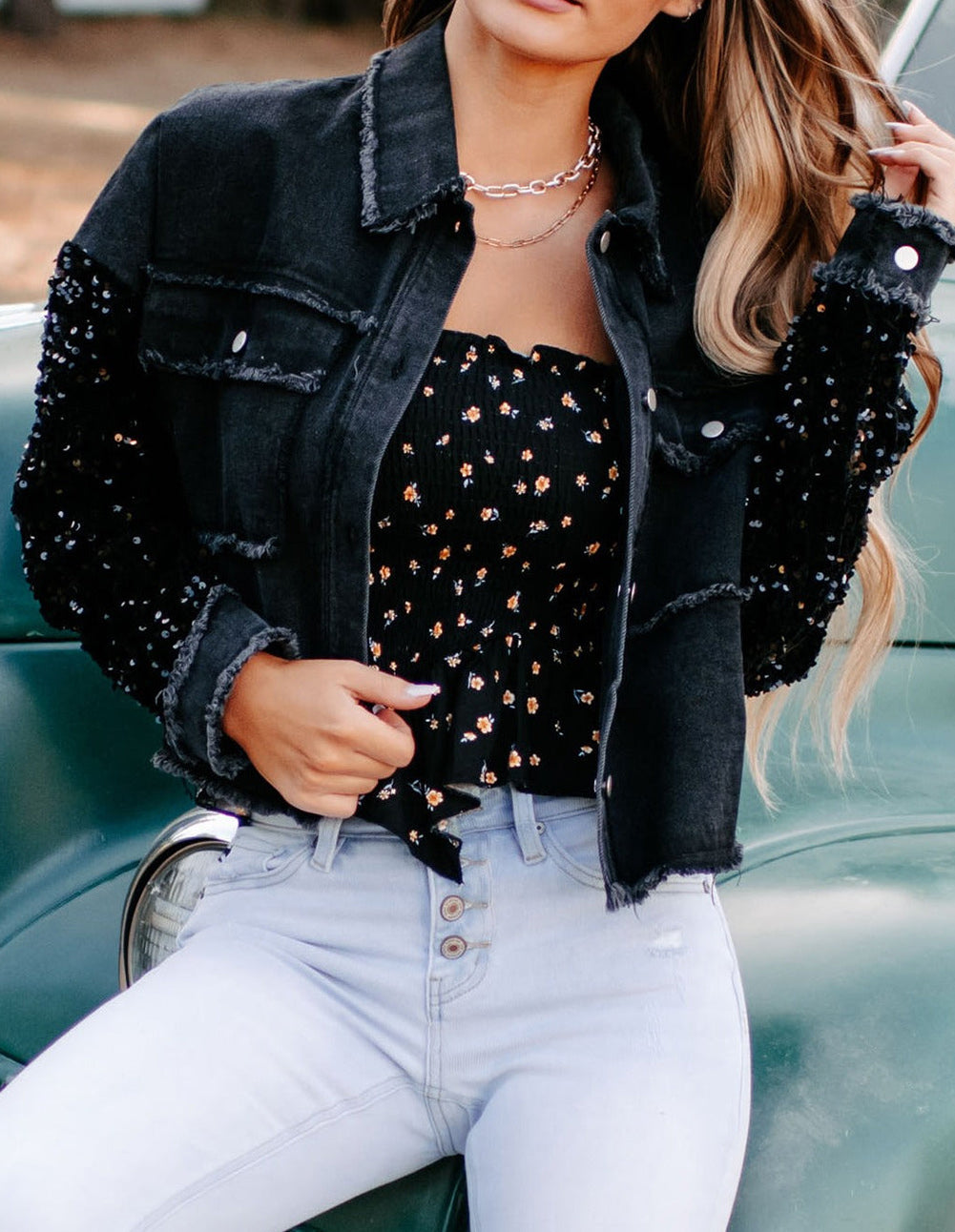 Sequin Sleeve Pocketed Raw Hem Denim Jacket