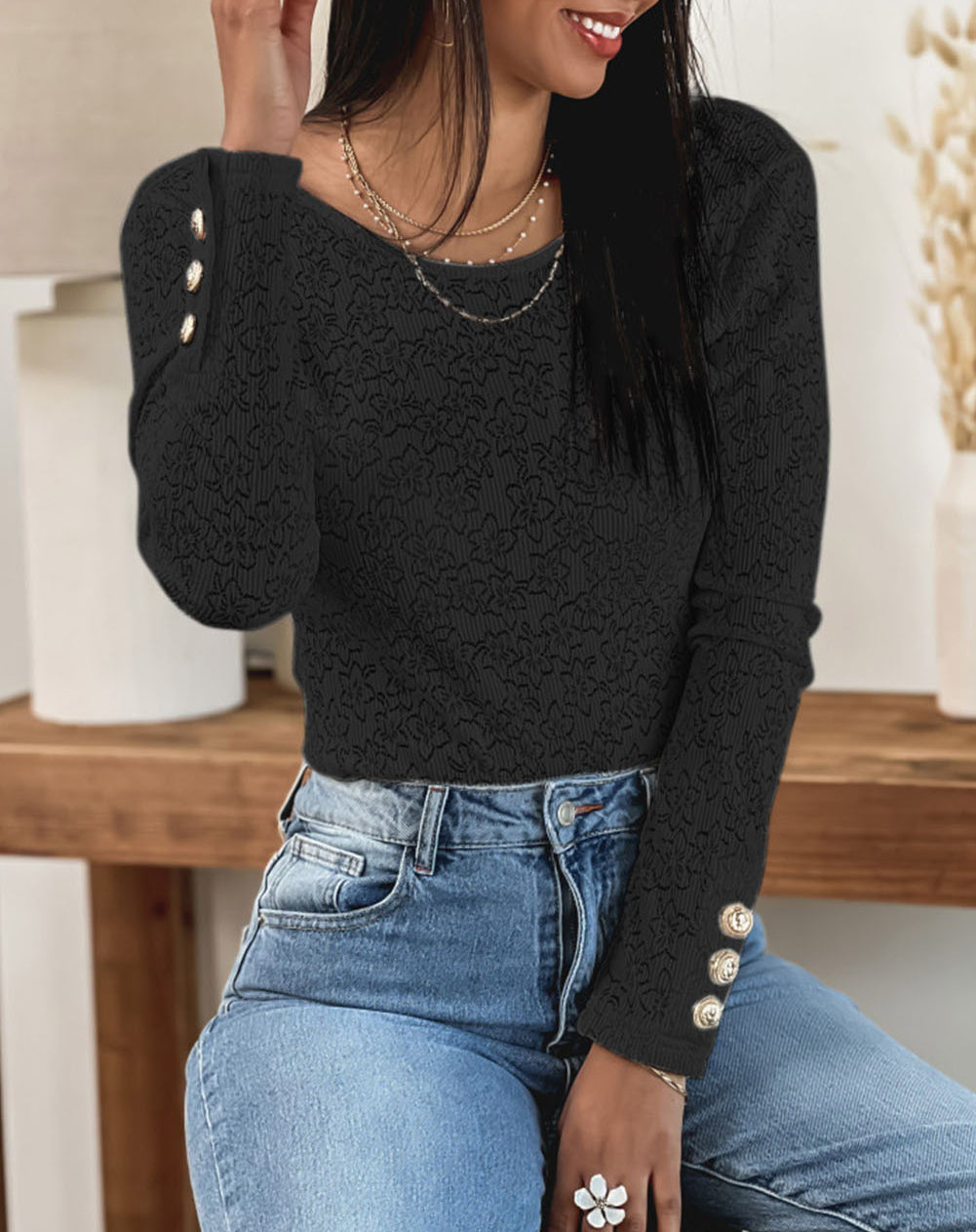 Cuffed Long Sleeve Lace Top