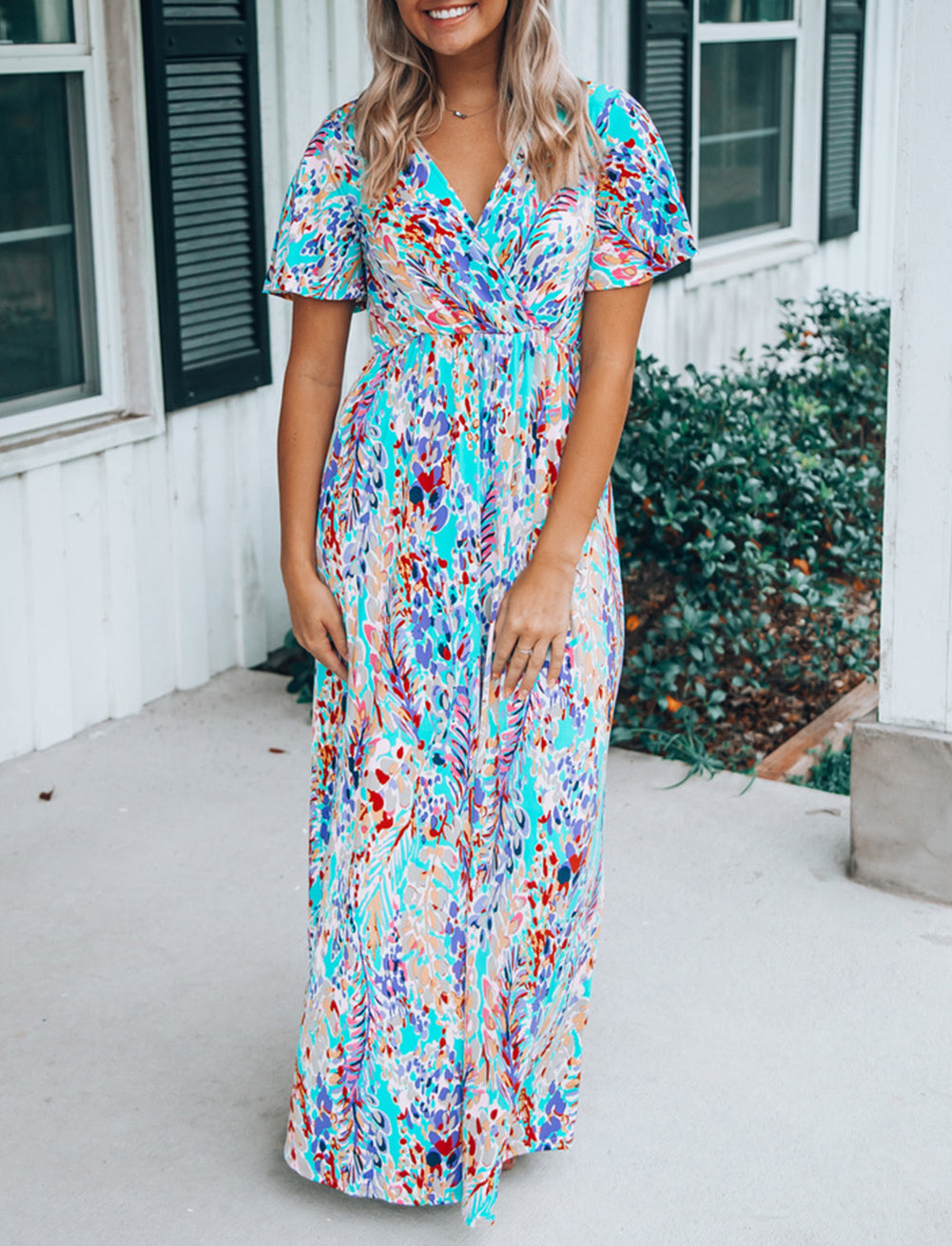 Wrap V Neck Floral Maxi Dress
