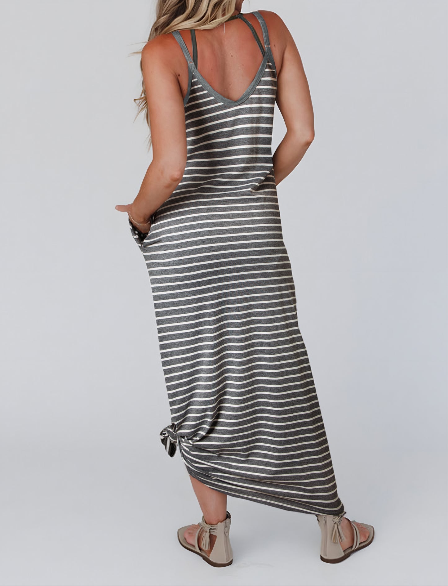 Stripe Side Pockets Spaghetti Straps Maxi Dress