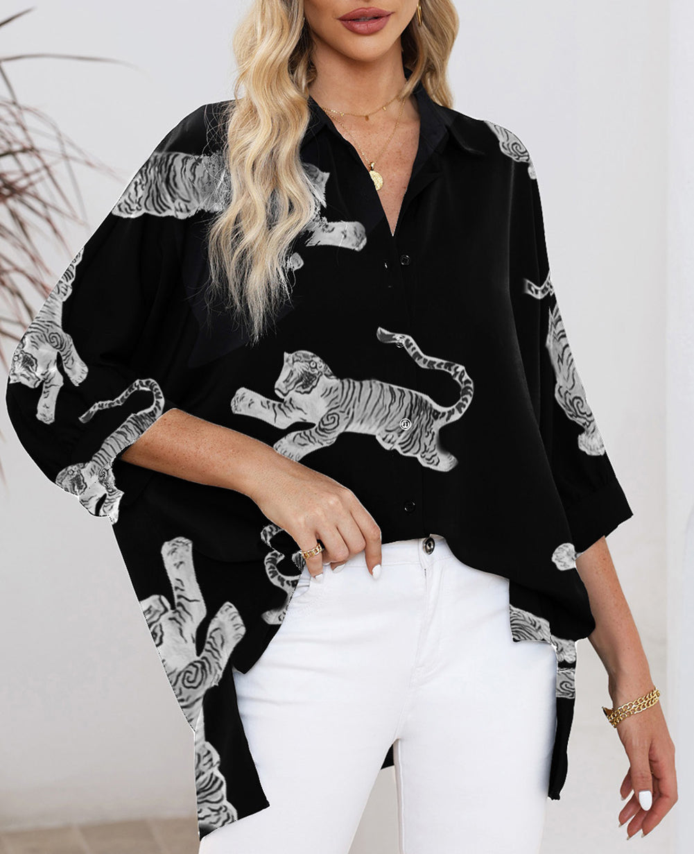 Tiger Print 3/4 Sleeve Oversized Shirt