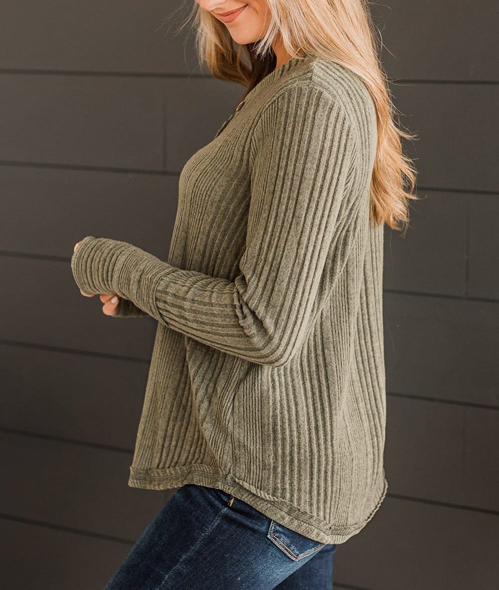 Green V Neck Buttoned Ribbed Knit Top
