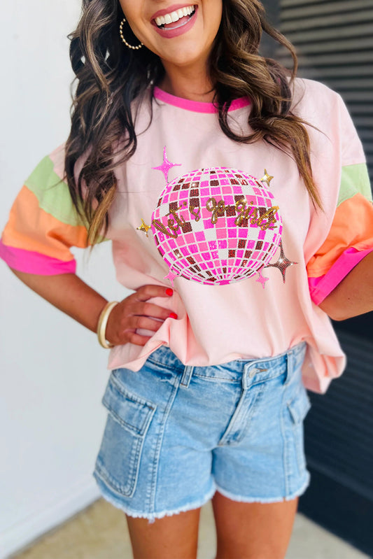 Sequin Disco Ball Color Block Sleeve Graphic Tee